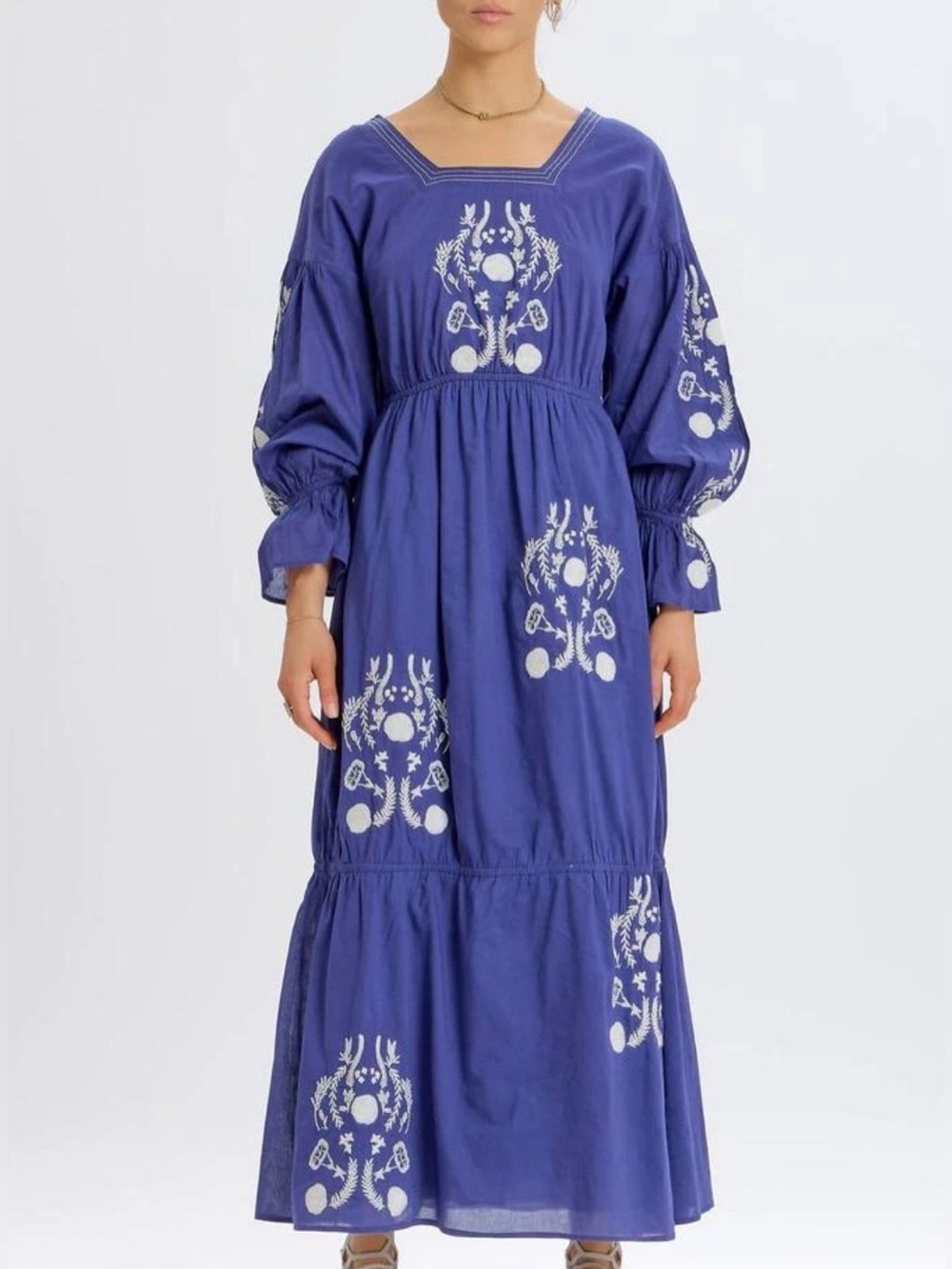 Something Navy Embroidered Tiered Long Sleeve Maxi  Squared Neckline Sz S NWT